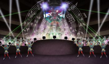 6+girls armor arms_up artist_request black_bow black_bowtie black_shoes blue_cape bow bowtie bubble cape clone colored_skin dancing familiar_(madoka_magica) full_armor game_cg green_hair grey_skirt highres juliet_sleeves klarissa_(madoka_magica) kneehighs long_hair long_sleeves mahou_shoujo_madoka_magica mahou_shoujo_madoka_magica_(anime) mahou_shoujo_madoka_magica_magia_exedra medici_collar mermaid miniskirt mitakihara_school_uniform monster_girl multiple_girls musical_staff official_art oktavia_von_seckendorff pink_bow pink_bowtie pleated_skirt puffy_sleeves red_skin school_uniform shirt shoes skirt socks stage stage_lights torn_cape torn_clothes white_socks witch&#039;s_labyrinth witch_(madoka_magica) yellow_shirt