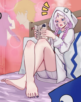 1boy 1girl absurdres aether_(genshin_impact) blue_eyes blush book boxers braid breasts citlali_(genshin_impact) commentary_request crossed_legs genshin_impact hetero highres holding holding_book hood hoodie imagining imminent_kiss itzpapa_(genshin_impact) legs long_hair male_underwear medium_breasts on_bed open_mouth pajamas pillow pink_hair tattoo twin_braids underwear vladitsvar white_pajamas