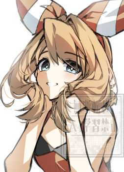 Rule 34 | 1girl, blue eyes, bow, brown hair, cloudsmoothie, hair between eyes, hair bow, hands in own hair, highres, looking at viewer, may (pokemon), nintendo, open mouth, pokemon, pokemon oras, red bow, red shirt, shirt, short sleeves, sleeveless, sleeveless shirt, smile, solo, upper body, watermark, white background
