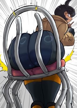 1girl :&gt; absurdres ass ass_focus ass_press black_bodysuit black_hair bodysuit bodysuit_under_clothes broken_chair brown_coat chair charge_sol coat cup dark-skinned_female dark_skin embarrassed emma_(pokemon) from_behind from_below highres holding holding_cup huge_ass leaning_forward legs_together looking_at_viewer looking_back motion_lines mug nintendo pokemon pokemon_legends:_z-a short_hair sitting skin_tight solo sweat trembling wide_hips