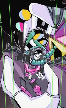 colored_skin deltarune giant giant_male glasses heterochromatic_eyewear highres holding long_nose male_focus mettaton mettaton_neo multiple_boys open_mouth pointy_nose puppet_strings round_eyewear shio_tou spamton_g._spamton spamton_neo teeth tinted_eyewear undertale utdr_(toby_fox)