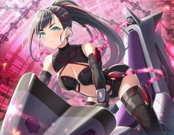 Rule 34 | 1girl, alternate costume, amaya tsubame, bare shoulders, black bodysuit, black gloves, black hair, black thighhighs, blush, bodysuit, breasts, cleavage, cleavage cutout, clothing cutout, cockpit, commentary request, earrings, elbow gloves, floating hair, frown, gakuen idolmaster, gloves, hair ornament, idolmaster, jewelry, long hair, looking at viewer, mecha, mecha pilot suit, medium breasts, mole, mole under eye, ponytail, robot, science fiction, skin tight, solo, thighhighs, urabi (tomatohouse), watermark