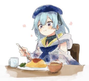 1boy arknights beret blue_hair blue_hat blush_stickers bowl chewing commentary food hair_between_eyes hat highres holding holding_spoon infection_monitor_(arknights) iwana_oishi male_focus medium_hair mizuki_(arknights) plate purple_eyes simple_background solo spoon steam upper_body white_background