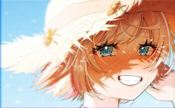 1girl beetle blonde_hair blue_eyes bug close-up fuwawa_abyssgard grin hat highres hololive hololive_english hosupi insect looking_at_viewer multicolored_hair short_hair smile solo streaked_hair sun_hat sweat virtual_youtuber