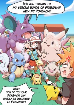 1girl abra anger_vein blue_oak blue_shirt brown_hair bucket_hat claws clefable commentary english_commentary english_text fangs gen_1_pokemon hat highres horns leaf_(pokemon) long_hair loose_socks mankey nidoking nintendo open_mouth outdoors pikachu pokemon pokemon_(creature) pokemon_frlg porkpie_hat red_eyes red_skirt shirt shoes single_horn skirt sleeveless sleeveless_shirt socks speech_bubble turtle ukaya_masaru wartortle wristband yellow_bag