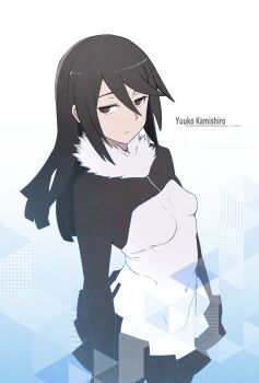 1girl ayu_(ddestiny944) black_dress black_eyes black_hair breasts commentary_request digimon digimon_story:_cyber_sleuth dress highres impossible_clothes impossible_dress kamishiro_yuuko long_hair short_dress small_breasts solo two-tone_dress white_dress