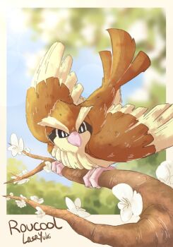 artist_name beak bird blurry blurry_background branch brown_feathers depth_of_field feathers flower gen_1_pokemon highres lasrytronnelle nintendo no_humans pidgey pokemon pokemon_(creature) signature solo white_flower
