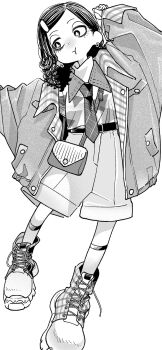 Rule 34 | 1girl, :t, arm up, bag, belt, boots, closed mouth, collared shirt, commentary request, earrings, gavucchi, greyscale, hair behind ear, hair ornament, hairclip, handbag, highres, jacket, jewelry, kneehighs, lace-up boots, leaning to the side, looking to the side, medium hair, monochrome, necktie, open clothes, open jacket, original, oversized clothes, parted bangs, pout, shirt, shirt tucked in, shorts, shoulder bag, sideways glance, simple background, socks, solo, standing, standing on one leg, turtleneck, untied shoelaces, white background