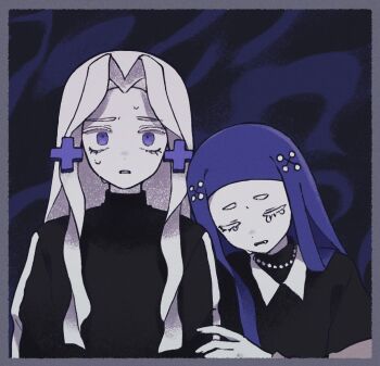 2girls bead_necklace beads black_background black_shirt blonde_hair blue_background border constricted_pupils cross_hair_ornament crying curtained_hair dot_nose fang fang_out furrowed_brow grey_border hair_ornament hand_on_another's_arm hand_up height_difference jewelry leaning_on_person limited_palette looking_ahead lower_eyelashes_only multiple_girls muted_color necklace parted_lips patterned_background payage portrait purple_eyes purple_veil sakana_uo_sakana shirt shoulder-to-shoulder straight-on sweatdrop turtleneck two-tone_background veil wavy_background white_veil