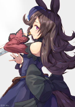 1girl absurdres animal_ears bare_shoulders black_bow blue_flower bow brown_hair commentary_request cowboy_shot dagger flower from_side grey_background hat hat_flower highres holding holding_dagger holding_knife holding_weapon horse_ears horse_girl horse_tail knife kuronyan9630 long_hair long_sleeves looking_at_viewer purple_eyes rice_shower_(rosy_dreams)_(umamusume) rice_shower_(umamusume) simple_background smile solo tail umamusume weapon