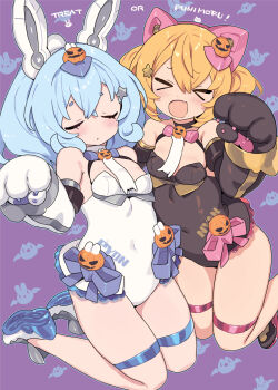 2girls animal_ears animal_hands bare_shoulders black_choker black_leotard blade_(galaxist) blonde_hair blue_hair breasts cat_ears choker closed_eyes clothes_writing commentary_request covered_navel elbow_gloves fake_animal_ears fang frilled_leotard frills full_body gloves hair_between_eyes hair_ornament headgear highres kneeling leotard medium_hair megami_device multiple_girls open_mouth paw_gloves puni_mofu_mao puni_mofu_tu purple_background rabbit_ears shoes skin_fang small_breasts smile star_(symbol) star_hair_ornament thigh_strap twintails white_choker white_gloves white_leotard white_shoes