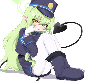 1girl absurdres armband black_boots black_hat black_jacket black_skirt blue_archive blue_armband blush boots commentary d_(delt4) demon_girl demon_tail eyes_visible_through_hair full_body gloves green_hair green_halo hair_between_eyes halo hands_up hat highres hikari_(blue_archive) index_fingers_raised jacket knees_up long_hair long_sleeves looking_at_viewer making_faces miniskirt open_mouth pantyhose peaked_cap pleated_skirt pointy_ears sidelocks simple_background sitting skirt solo tail tail_raised very_long_hair wavy_hair white_background white_gloves white_pantyhose yellow_eyes