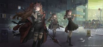 3girls absurdres ambience_synesthesia angelina_(ambience_synesthesia_2021)_(arknights) angelina_(arknights) angelina_(distinguished_visitor)_(arknights) animal_ears arknights bare_shoulders black_coat black_dress black_gloves black_shoes black_shorts black_socks black_thighhighs brown_hair brown_tail building chinese_commentary city closed_mouth coat commentary_request dated dress film_grain flats gloves grey_coat hairband hand_up highres holding holding_instrument holding_trumpet instrument kneehighs long_hair long_sleeves looking_afar making-of_available multiple_girls multiple_persona music off_shoulder official_alternate_costume open_clothes open_coat orange_eyes outdoors park playing_instrument pleated_dress procreate_(medium) profile red_coat red_hairband shoes short_dress short_sleeves shorts shuimo sleeveless sleeveless_dress socks standing tail thigh_strap thighhighs trumpet window