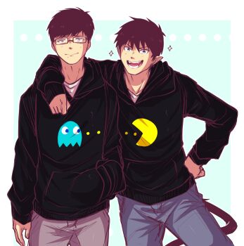 Rule 34 | 1boy, ao no exorcist, black hoodie, blue pants, brown hair, character request, cowboy shot, denim, fangs, glasses, hand on own hip, hiffuu, highres, hood, hoodie, jeans, open mouth, pac-man (game), pants, pointy ears, rectangular eyewear, short hair, smile, sparkle, tail, teeth