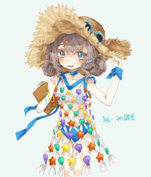 1girl :d adjusting_clothes adjusting_headwear blue_background blue_bow blue_choker blue_eyes blue_shorts bow brown_hair choker cowboy_shot eyewear_on_headwear fishnet_dress hand_on_headwear hands_up hat highres holding holding_notebook hutsutoka looking_at_viewer marcus_(on_the_white_sand)_(reverse:1999) marcus_(reverse:1999) notebook official_alternate_costume open_mouth reverse:1999 shell shorts smile solo starfish strapless straw_hat sunglasses tube_top very_low_bun white_tube_top wrist_bow