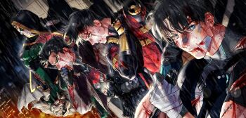 4boys bandaid bandaid_on_cheek bandaid_on_face bandaid_on_nose batman_(series) black_bodysuit black_cape black_gloves black_hair blood blood_from_mouth blood_on_clothes blood_on_face blue_eyes bodysuit boots brothers brown_jacket cape clenched_teeth damian_wayne dc_comics dick_grayson g0ringo gloves green_eyes green_gloves gun holding holding_gun holding_weapon hood hood_down hooded_cape injury jacket jason_todd looking_at_viewer male_focus multicolored_bodysuit multiple_boys night nightwing open_clothes open_jacket outdoors parted_lips rain red_bodysuit red_hood_(dc) red_robin robin_(dc) short_hair siblings teeth tim_drake torn_clothes two-tone_bodysuit water_drop weapon wet wet_clothes wet_face wet_hair