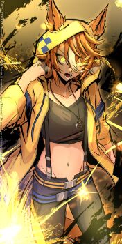 Rule 34 | absurdres, animal ears, black leggings, black shirt, blanace, breasts, brown hair, collarbone, commentary request, cropped shirt, dicta striker (umamusume), ears through headwear, ears through hood, eye trail, glowing, glowing eyes, hair between eyes, highres, hood, hooded jacket, hoodie, horse ears, horse girl, horse tail, jacket, jewelry, leggings, leggings under shorts, light trail, long sleeves, looking at viewer, midriff, multicolored hair, navel, necklace, open mouth, shirt, short hair, shorts, sparks, streaked hair, suspenders, tail, teeth, umamusume, umamusume: cinderella gray, white hair, yellow eyes, yellow hood, yellow hoodie, yellow jacket