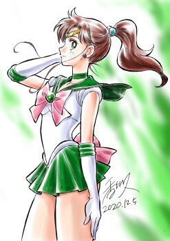 Rule 34 | 1girl, 2020, bishoujo senshi sailor moon, bow, brown hair, choker, circlet, cowboy shot, dated, earrings, elbow gloves, gloves, green eyes, hand on own face, highres, jewelry, kagawa hisashi, kino makoto, long hair, looking at viewer, looking to the side, magical girl, pink bow, ponytail, profile, sailor jupiter, school uniform, serafuku, signature, smile, solo, thighs