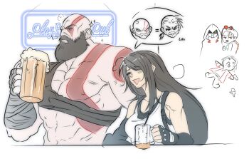2girls 4boys beard beer_mug braid braided_ponytail breasts brown_hair brown_lips chibi closed_eyes crossover cup death facial_hair final_fantasy final_fantasy_vii final_fantasy_vii_remake fingerless_gloves gloves glowing glowing_eye god_of_war gun happy highres kratos_(god_of_war) lara_croft large_breasts lightifas long_hair mug multiple_boys multiple_girls muscular muscular_male open_mouth scar scar_on_face shaded_face silent_hill_(series) smile sony sparkle square_enix sunglasses suspenders sweatdrop tank_top tifa_lockhart tomb_raider tongue weapon x_x