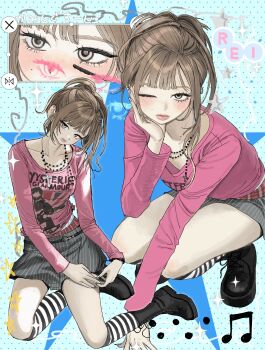 1girl absurdres belt black_skirt blunt_bangs blush boots brown_hair commentary_request gyaru highres jewelry looking_at_viewer multiple_persona necklace one_eye_closed original shirt skirt socks wayon154