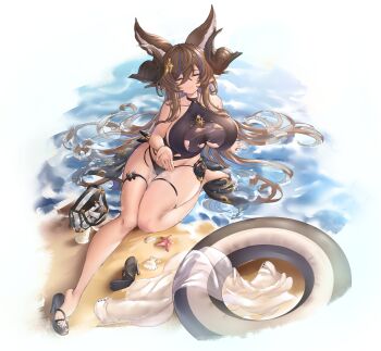 1girl absurdres animal_ears bare_shoulders beach bikini breasts cleavage closed_eyes collarbone extra_ears full_body galleon_(granblue_fantasy) galleon_(summer)_(granblue_fantasy) granblue_fantasy groin high_heels highres horns huge_breasts kliop light_smile nail_polish outstretched_arm partially_submerged pointy_ears sideboob skindentation solo swimsuit thick_thighs thighs torn_bikini torn_clothes