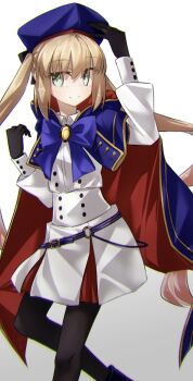 1girl artoria_caster_(fate) artoria_caster_(second_ascension)_(fate) artoria_pendragon_(fate) belt beret black_gloves black_pantyhose blonde_hair blue_cape blue_hat blush breasts buttons cape commentary_request double-breasted dress fate/grand_order fate_(series) gloves green_eyes hat highres hood hooded_cape long_hair long_sleeves looking_at_viewer multicolored_cape pantyhose red_cape small_breasts smile solo thighs twintails white_dress yubeshi_(zecxl)