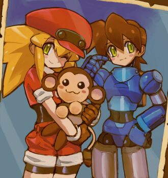 1boy 1girl absurdres android animal belt bike_shorts bike_shorts_under_shorts blonde_hair blush brown_gloves brown_hair newsboy_cap capcom commentary_request dakusuta data_(mega_man) gloves green_eyes hair_between_eyes hat highres holding holding_animal long_hair mega_man_(series) mega_man_legends_(series) mega_man_volnutt monkey one_eye_closed photo_(object) red_headwear red_shorts roll_caskett_(mega_man) short_sleeves shorts smile