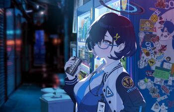1girl black_hair blue-framed_eyewear blue_archive blue_eyes blue_halo blue_shirt blue_theme blurry blurry_background breasts can canned_coffee chihiro_(blue_archive) cool_colors depth_of_field drink_can from_side game_asset glasses hair_ornament hairclip hallway halo highres holding holding_can id_card jacket kokosando lanyard large_breasts letterman_jacket looking_ahead millennium_science_school_logo nazomaki_(blue_archive) night non-web_source official_art peroro_(blue_archive) round_eyewear self-datamine shirt short_hair sticker upper_body vending_machine white_jacket