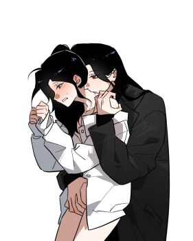 2girls aespa biting black_hair black_shirt blood blood_on_neck blue_eyes blush chinese_commentary commentary_request fang hand_on_another's_shoulder hand_on_another's_thigh highres k-pop karina_(aespa) multiple_girls neck_biting ponytail real_life red_eyes shirt simple_background sweat vampire white_background white_shirt winter_(aespa) yitouyouyu yuri