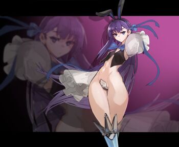 1girl absurdres animal_ears breasts crotch_plate expressionless fate/extra fate/extra_ccc fate_(series) hand_up highres jonyeld long_hair looking_at_viewer meltryllis_(fate) navel purple_eyes purple_hair rabbit_ears small_breasts solo wide_sleeves