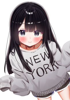 1girl absurdres black_hair black_shorts blush closed_mouth clothes_writing collarbone commentary_request dolphin_shorts grey_eyes grey_sweater highres k_mugura long_hair long_sleeves looking_at_viewer original shorts simple_background sleeves_past_fingers sleeves_past_wrists smile solo sweater white_background