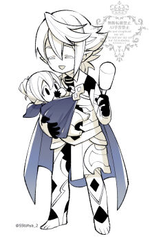 Rule 34 | 1boy, 1girl, aged down, baby, carrying, carrying baby, carrying person, closed eyes, commentary request, father and daughter, female kana (fire emblem), fire emblem, fire emblem fates, highres, holding, holding rattle, male corrin (fire emblem), male focus, nintendo, rattle, solo focus, toeless legwear, touya (55tohya)