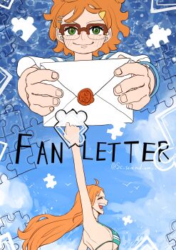 2girls ^_^ absurdres arm_up bikini bikini_top_only bird blush closed_eyes copyright_name glasses highres holding holding_letter letter long_hair looking_at_viewer multiple_girls nami's_fangirl nami_(one_piece) one_piece one_piece_fan_letter orange_hair puzzle_piece sc_scandium smile swimsuit twitter_username