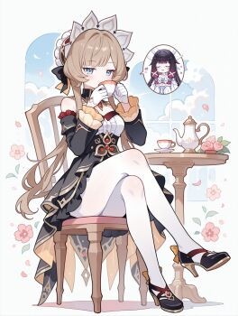 2girls black_collar black_dress black_hair black_shoes blue_eyes blue_sky breasts brown_hair chair closed_eyes cloud collar columbina_(genshin_impact) commentary_request crossed_legs cup detached_collar detached_sleeves dress drinking eye_mask flower frilled_sleeves frills genshin_impact hair_ornament hands_up headdress high_heels highres holding holding_cup leo_kkym long_sleeves mask multiple_girls on_chair pantyhose pink_flower sandrone_(genshin_impact) shoes short_hair_with_long_locks sitting sky small_breasts speech_bubble table teacup teapot white_dress white_pantyhose window wing_hair_ornament