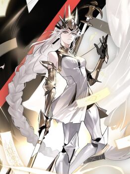 1girl armor braid braided_ponytail dress gauntlets gold_gloves gold_tiara gold_trim polearm promotional_art queen_(to_be_hero_x) rectangular_earrings sd2190392804 solo spear to_be_hero to_be_hero_x weapon white_armor white_dress white_hair