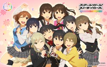 6+girls altair_torte anniversary black_hair blonde_hair brown_eyes brown_hair chitose_yui chocolate_mira closed_eyes grey_eyes highres kannagi_shiori kobayashi_gen long_hair miyama_tsubame multiple_girls namori_mana official_art official_wallpaper open_mouth plaid_clothes plaid_skirt pleated_skirt sajima_yumi sakamiya_hotaru school_girl_strikers school_uniform short_hair skirt smile sumihara_satoka twintails two_side_up uraba_aoi wakatsuki_chika yaginuma_io yellow_eyes