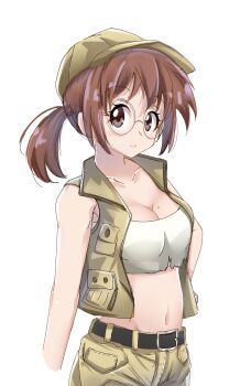1girl bare_arms bare_shoulders belt black_belt breasts brown_eyes brown_hair cleavage closed_mouth commentary crop_top english_commentary field_cap fio_germi glasses green_hat green_shorts green_vest hand_on_own_hip hat highres looking_at_viewer medium_breasts metal_slug midriff mole mole_on_breast navel open_clothes open_vest ponytail round_eyewear shorts simple_background smile solo stomach twintails_(mantids) upper_body vest white_background
