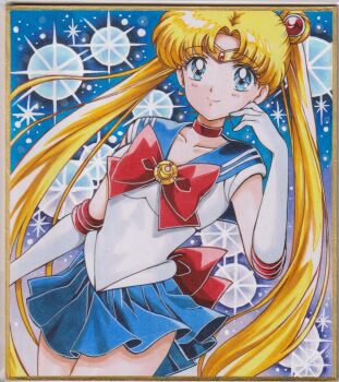 1girl bishoujo_senshi_sailor_moon blonde_hair blue_eyes blue_sailor_collar bow chikoto_(kztc4472) choker closed_mouth collarbone cowboy_shot double_bun earrings elbow_gloves gloves hair_bun hair_ornament hand_up highres jewelry long_hair looking_at_viewer pink_background red_choker sailor_collar sailor_moon sailor_senshi_uniform skirt smile solo transformation_brooch_(sailor_moon) tsukino_usagi twintails white_gloves