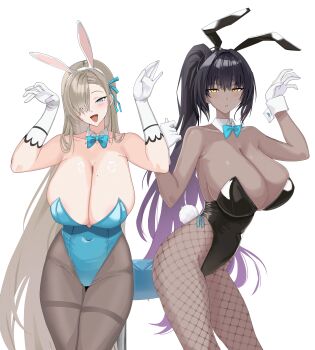 2girls absurdres animal_ear_hairband animal_ears asuna_(blue_archive) asuna_(bunny)_(blue_archive) bare_shoulders black_hair black_leotard blonde_hair blue_archive blue_bow blue_bowtie blue_eyes blue_leotard blush bow bowtie breasts cleavage collarbone covered_navel dark-skinned_female dark_skin detached_collar fake_animal_ears fake_tail fishnet_pantyhose fishnets gloves hair_over_one_eye hairband highleg highleg_leotard highres karin_(blue_archive) karin_(bunny)_(blue_archive) large_breasts leotard long_hair looking_at_viewer mole mole_on_breast multiple_girls no_halo open_mouth pantyhose paw_pose ponytail purple_hair rabbit_ear_hairband rabbit_ears rabbit_tail smile stinko tail thighband_pantyhose very_long_hair white_gloves wrist_cuffs yellow_eyes