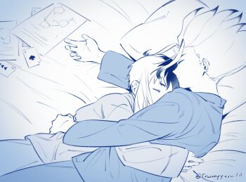 2boys ace_(playing_card) ace_of_spades asagiri_gen bed blue_theme brothers card closed_eyes cuddling dr._stone highres hug ishigami_senkuu long_sleeves lying male_focus monochrome multicolored_hair multiple_boys on_bed on_side pajamas paper pillow playing_card shirt short_hair siblings sleeping spade_(shape) spiked_hair tramyyumifa twitter_username two-tone_hair yaoi