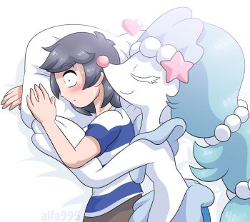 1boy alfa995 artist_name blue_hair blush closed_eyes cuddling elio_(pokemon) gen_7_pokemon hair_ornament heart long_hair lying male_focus nintendo on_side pillow pokemon pokemon_(creature) pokemon_sm primarina sleeping smile starfish_hair_ornament