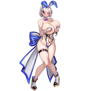 1girl animal_ear_hairband animal_ears areola_slip back_bow bare_arms bare_legs black_shoes blue_bow bow bowtie breasts cleavage clothing_cutout collar collarbone covering_breasts covering_privates crotch_zipper detached_collar embarrassed fake_animal_ears full_body grey_hair hair_intakes hairband heart_maebari heart_pasties highres huge_bow huge_breasts kirome_(kamipaper) knees_together_feet_apart last_origin leotard looking_at_viewer maebari multicolored_shoes muse_(last_origin) navel navel_cutout non-web_source official_alternate_costume open_mouth parted_bangs pasties pink_bow pink_bowtie playboy_bunny rabbit_ear_hairband rabbit_ears see-through_clothes see-through_leotard shoes short_hair simple_background skindentation solo standing thick_thighs thigh_strap thighs traditional_bowtie translucent_bunnysuit transparent_background two-tone_bow white_bow white_collar white_shoes white_wrist_cuffs wrist_cuffs