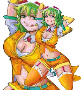 Rule 34 | 1girl, arm behind head, boots, breasts, cleavage, closed mouth, crop top, detached collar, gem, gloves, goggles, goggles on head, green eyes, green hair, gumi, hatsuno, huge breasts, jacket, navel, orange jacket, orange shorts, orange thighhighs, red-tinted eyewear, shorts, sitting, smile, smug, solo, thighhighs, tinted eyewear, tongue, vocaloid, wariza, white-framed eyewear, white background, white boots, white sleeves, yellow gloves, zoom layer