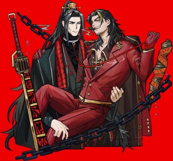 Rule 34 | 2boys, beard stubble, black hair, black hanfu, black jacket, black shirt, chain, chinese clothes, cigar, collar, collared shirt, commentary request, cross scar, diandao210046, facial hair, feet out of frame, furrowed brow, gloves, gold trim, grin, hair ornament, hair slicked back, hand on another's hip, hand on another's leg, hand on another's shoulder, hanfu, high ponytail, highres, holding, holding leash, jacket, jacket on shoulders, jia qiu (project moon), leash, lei heng (project moon), limbus company, long sidelocks, looking at another, male focus, mullet, multiple boys, planted, planted sword, planted weapon, ponytail, project moon, red gloves, red jacket, red scarf, red trim, red vest, scar, scar on face, scarf, shirt, sidelocks, single hair streak, sitting, sitting on person, smile, smirk, smoke, smoke trail, stole, stubble, sword, vest, weapon, xiao guan (headdress), yaoi