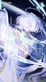 Rule 34 | 1girl, absurdres, breasts, character name, chinese commentary, colored eyelashes, commentary request, crystal, dress, floating hair, grey hair, hair spread out, halo, high heels, highres, jacket, logo, long hair, mornye (wuthering waves), official art, parted lips, purple dress, red eyes, see-through body, small breasts, solo, tacet mark (wuthering waves), tagme, very long hair, white jacket, wuthering waves