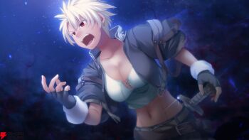 Rule 34 | 1girl, abs, angry, atelier-moo, aura, belt, black gloves, breasts, brown belt, cleavage, collarbone, cowboy shot, dark aura, dutch angle, earrings, fighting stance, fingerless gloves, game cg, gloves, grey jacket, grey pants, holding, holding sword, holding weapon, jacket, jewelry, large breasts, lisa meccano, navel, night, official art, open clothes, open jacket, open mouth, pants, red eyes, second-party source, shirt, short hair, short sleeves, shouting, sky, solo, spiked hair, standing, sword, teeth, v-shaped eyebrows, weapon, white hair, white shirt, yuukyuu gensoukyoku, yuukyuu gensoukyoku revival