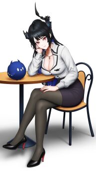 1girl absurdres asymmetrical_horns black_flower black_hair black_horns black_pantyhose black_shoes black_skirt blue_hair breasts chair cleavage closed_mouth collared_shirt colored_inner_hair commentary crossed_legs demon_horns dress_shirt elbow_on_table elbow_rest english_commentary flower hand_on_own_cheek hand_on_own_face hand_on_own_thigh head_rest high_heels highres hololive hololive_english horn_flower horns jailbird_(nerissa_ravencroft) jeanca_4850 jewelry large_breasts long_hair long_sleeves looking_at_viewer mole mole_under_eye multicolored_hair nail_polish necklace nerissa_ravencroft nerissa_ravencroft_(casual) office_lady official_alternate_costume on_chair pantyhose pencil_skirt pendant pumps red_eyes red_nails shirt shoes signature simple_background sitting skirt smile solo table two-tone_hair uneven_horns very_long_hair virtual_youtuber white_background white_shirt