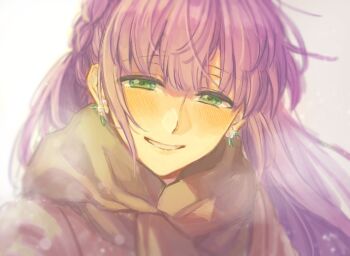 1girl blurry blush bokeh braid brown_scarf commentary crown_braid depth_of_field green_eyes grin highres link!_like!_love_live! long_hair love_live! otomune_kozue otomune_kozue_(post-graduation) portrait purple_hair scarf sidelocks simple_background smile solo virtual_youtuber white_background zenma_trang