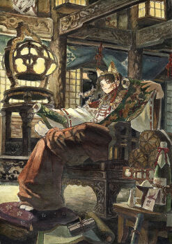 Rule 34 | 1girl, absurdres, acrylic paint (medium), animal ears, architecture, bell, blunt bangs, bottle, brown hair, brown hakama, commentary request, cushion, east asian architecture, facepaint, figure four sitting, floating hair, fox ears, full body, hair bell, hair ornament, hakama, hakama pants, headdress, highres, holding, holding scroll, inari, indoors, japanese clothes, japanese mythology, komedawara, lantern, long hair, long sleeves, mihiro 00122, orange eyes, outstretched arms, painting (medium), pants, reading, sake bottle, scroll, shouji, sitting, sliding doors, socks, solo, spread arms, tabi, thick eyebrows, traditional media, watercolor (medium), wavy hair, white socks, wide sleeves