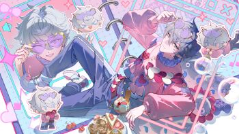 1boy 5uper_love_(ensemble_stars!) absurdres adjusting_eyewear arm_up blue_eyes blue_pants bubble cake character_doll cherry chibi chibi_inset chinese_commentary commentary_request doll ensemble_stars! eyewear_on_head food frilled_shirt frilled_shirt_collar frills fruit full_body grey_hair guaisanmu hair_between_eyes hand_on_eyewear heart heart-shaped_eyewear heart_belt highres long_sleeves male_focus multiple_views musical_note pants pink-tinted_eyewear pink_shirt pixel_art_inset pixel_heart plate puffy_long_sleeves puffy_sleeves sena_izumi_(ensemble_stars!) shirt shoes short_hair smile sparkle tinted_eyewear window_(computing)